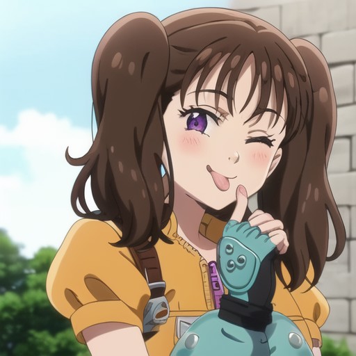1girl, solo, purple eyes, brown hair, seven deadly sins, diane, tongue, one eye closed, tongue out, gloves, blush, fingerl...